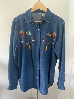 Vintage Farm Embroidered Denim Shirt Cottagecore M
